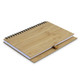 A medium bamboo notebook with a spiral binding and a wooden pen holder, featuring a natural bamboo finish.