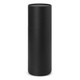 A drink bottle in a sleek black design, featuring a cylindrical shape and a matching lid. It has a logo.