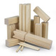 A collection of wooden blocks in various shapes and sizes, featuring a natural finish and light timber colour.