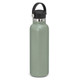 A drink bottle in a matte green finish with a black carry lid and a stainless steel band. Features a logo.