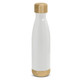 A drink bottle featuring a sleek white design with bamboo accents on the top and bottom. It has a logo.