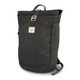 A dark green roll-top backpack featuring a front pocket and branding. It has adjustable shoulder straps and a top handle.