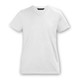 A white women's T-shirt with a V-neck design. The shirt has short sleeves and features a logo on the tag.