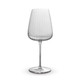 A clear glass wine glass with a ridged design and a slender stem. Features a smooth base and a stylish shape.