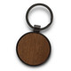 A round key ring featuring a wooden surface with a black metal frame. The key ring has a sleek design.