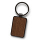 A rectangular key ring featuring a wooden surface and a black metal ring. The design has a sleek and modern look.