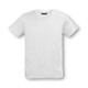 A white youth T-shirt with a crew neck and short sleeves. Features a branding logo.