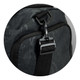 A dark green duffle bag with a black strap and clip detail, featuring a textured surface and logo.
