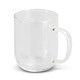 A glass mug with a handle, featuring a clear design and simple, modern style.