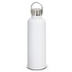 A drink bottle in matte white finish with a stainless steel cap and a carrying handle, featuring a logo.