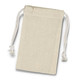 A small, cream cotton gift bag with drawstring ends and decorative tassels. It features a simple design and natural texture.