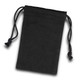 A small black cotton gift bag with drawstring closure. It features a simple design and has a logo.