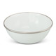 A pale green enamel bowl with a silver rim, featuring a smooth, glossy finish and a rounded shape.