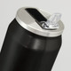 A drink bottle in matte black with a silver lid and a clear drinking spout, featuring a logo.