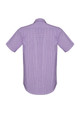 A short sleeve men's button-up shirt in a purple check pattern, featuring a collar and a logo.