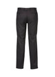 Flat front black slacks with a straight leg design and two rear pockets. Features a logo on the waistband.