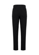 A pair of black slim fit flat front pant with back pockets, showcasing a tailored design.