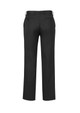 A pair of black men's slacks with a smooth finish and back pockets, featuring a waist adjuster and branding.