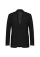 A classic black jacket with a tailored fit, featuring two front pockets and a notched lapel.