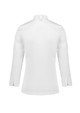 A white long sleeve chef jacket with a high collar and side slits, featuring a logo on the sleeve.