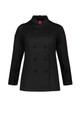 A black long sleeve chef jacket featuring double-breasted buttons and a logo on the sleeve.