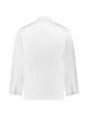 A white long sleeve chef jacket featuring a back view with a button closure and a branding logo.