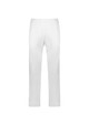 A pair of white track pants featuring an elasticised waistband and a logo.
