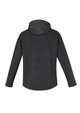 A soft shell jacket in dark grey with a hood, featuring a textured design and a logo on the back.