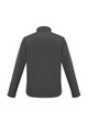 A men's soft shell jacket in dark grey, featuring long sleeves and a collar, with a logo on the back.