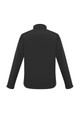 A black soft shell jacket with a high collar and long sleeves, featuring a logo on the back.