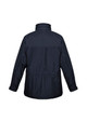 A black unisex puffer jacket with a back view, featuring a logo on the side.