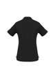 A black women's polo shirt with short sleeves and a subtle logo on the sleeve.