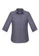 A button-up women's shirt in dark grey, featuring 3/4 sleeves and a collared neckline. It has a brand logo.