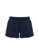 A pair of dark navy women's sports shorts with an elastic waistband and drawstring detail. Features a logo.