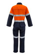 An orange and navy overall with hoop taping, featuring reflective stripes and pockets, suitable for workwear.