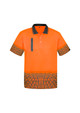 A high visibility short sleeve polo shirt in vibrant orange with a patterned design at the hem. Includes a branding logo.