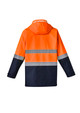 A waterproof jacket featuring a bright orange upper with navy blue lower sections and reflective stripes. It has a hood and a logo.