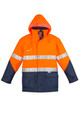 A high visibility storm jacket in orange and navy, featuring reflective stripes and a hood. Includes a logo.