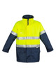 A hi-vis waterproof lightweight jacket in bright yellow and navy, featuring reflective stripes and a logo.