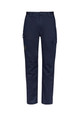 Navy men's cargo pants featuring multiple pockets and a logo, designed for comfort and practicality.