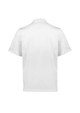A white short sleeve chef jacket featuring a simple design and a back button closure, with a logo present.