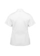 A white short sleeve chef jacket with a collar and a back closure, featuring a logo.