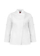 A white long sleeve chef jacket featuring a sleek design and a logo on the sleeve.