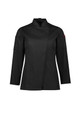 A black long sleeve chef jacket with a mandarin collar and pockets, featuring a logo. 
