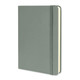 A medium, hard cover notebook in a soft green colour, featuring a rounded spine and an elastic closure.