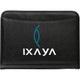 A black portfolio with a smooth surface and a logo displayed prominently on the front.