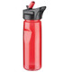 A drink bottle in red with a black lid and straw, featuring a logo on the front.