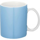 A ceramic coffee mug in light blue with a white handle. It features a smooth, glossy finish and a logo.