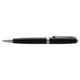 A black pen with silver accents, featuring a sleek design and a clip. It has a branding logo on the barrel.