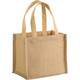 A small natural jute tote bag with two handles, featuring a rectangular shape and a textured surface.